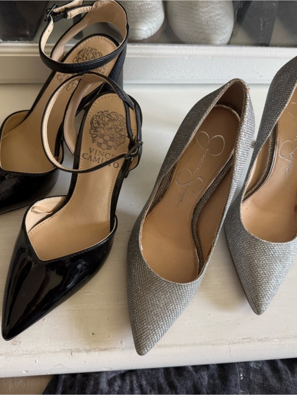 Black Patent Ankle-Strap Heels & Silver diamond HEELS ** Today only ***